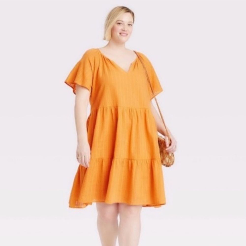 Knox Rose Size medium yellow orange tiered shirt dress knee length